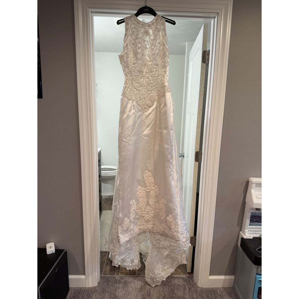 Vintage Mary's Bridal Satin Wedding Dress 14 White Lace Removable Train Big Bow